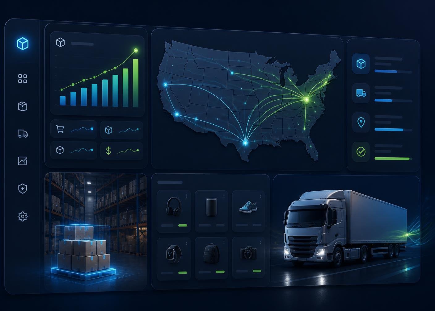 SuperStores Drop warehouse dashboard showing US shipping routes, live order analytics, and same-day fulfillment
